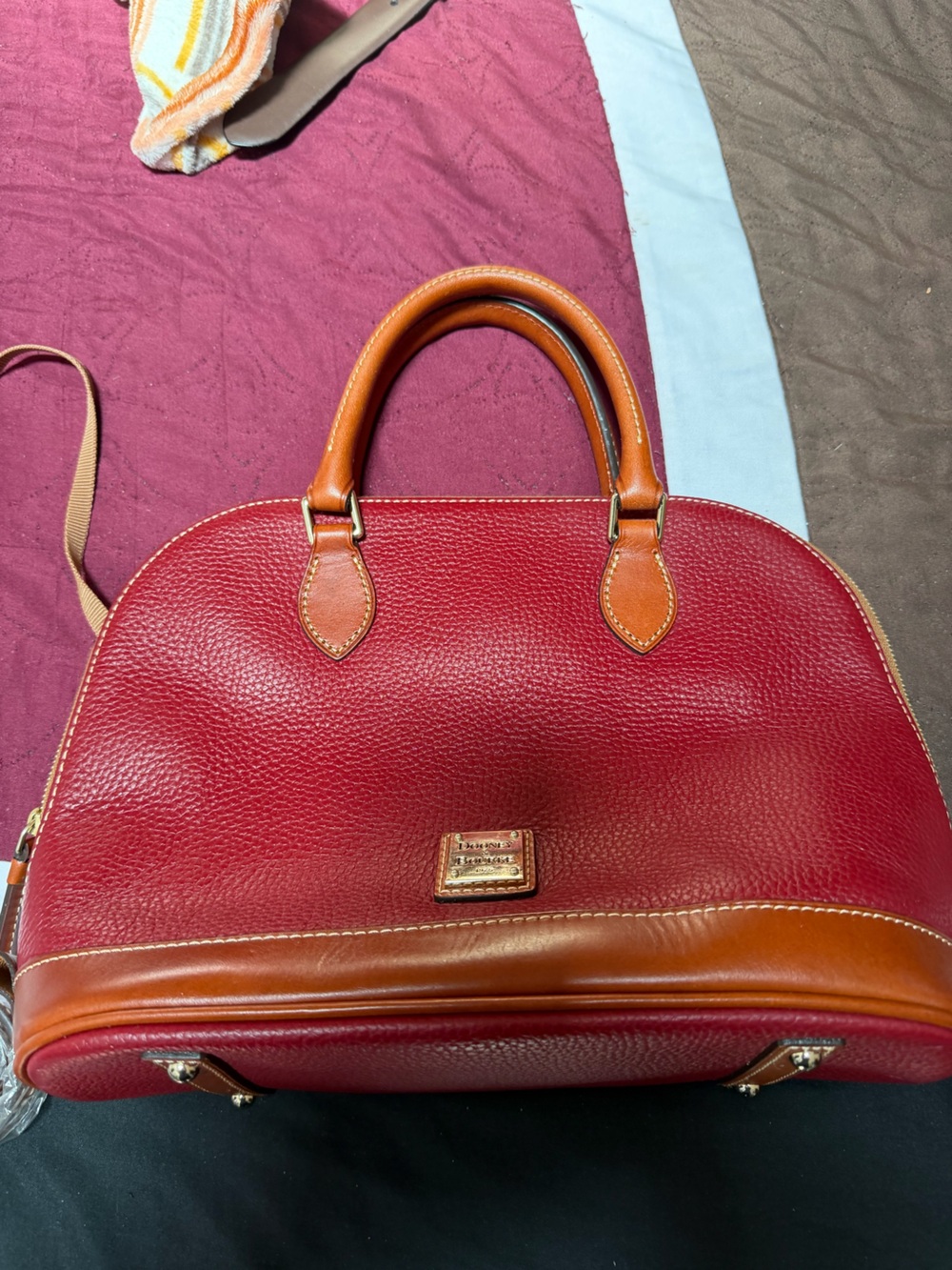 Dooney & Bourke Red Pebbled Leather Satchel with Brown Trim